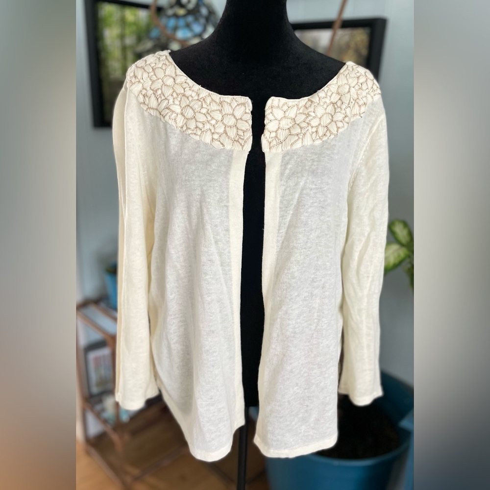 J. Jill Women's Ivory Embroidered Open Linen/Cotton Cardigan Sweater Size M